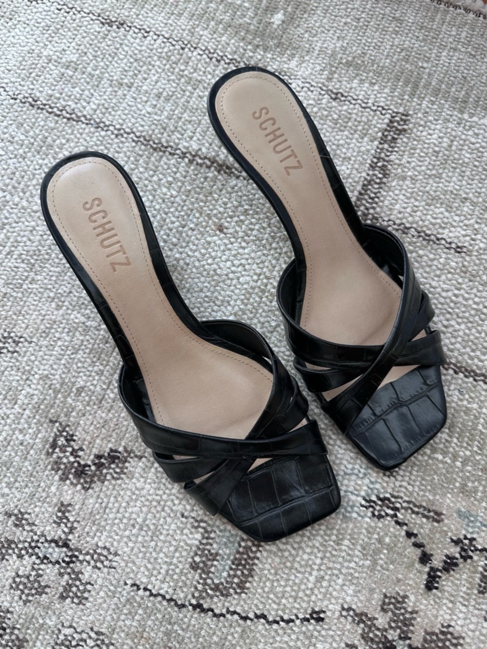 schutz croc kitten mule heels